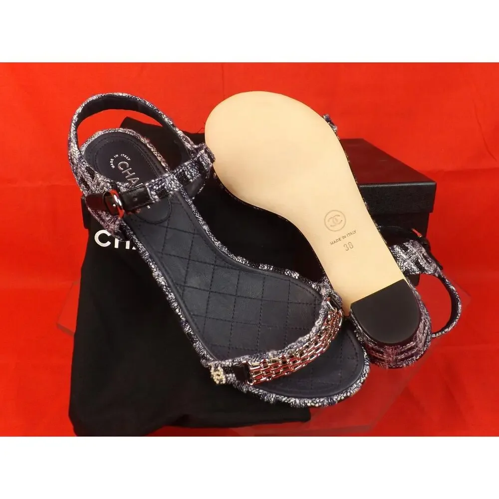 CHANEL G31705 BLUE TWEED GOLD CHAIN CC PEARL LOGO SANDALS LOW HEEL PUMPS 39.5 9